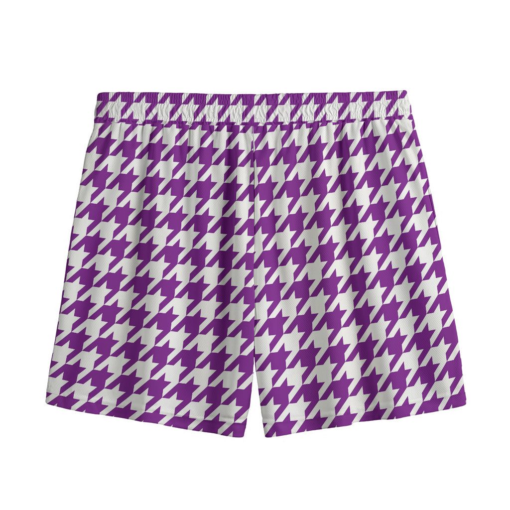 Purple And White Houndstooth Print Mesh Shorts