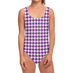 Purple And White Houndstooth Print One Piece Swimsuit