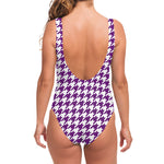 Purple And White Houndstooth Print One Piece Swimsuit