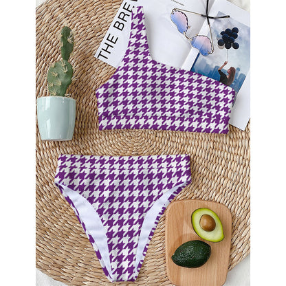 Purple And White Houndstooth Print One Shoulder Bikini Top
