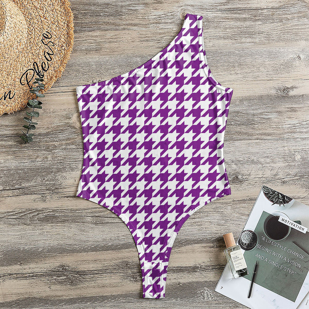 Purple And White Houndstooth Print One Shoulder Bodysuit
