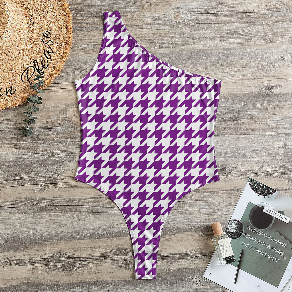 Purple And White Houndstooth Print One Shoulder Bodysuit