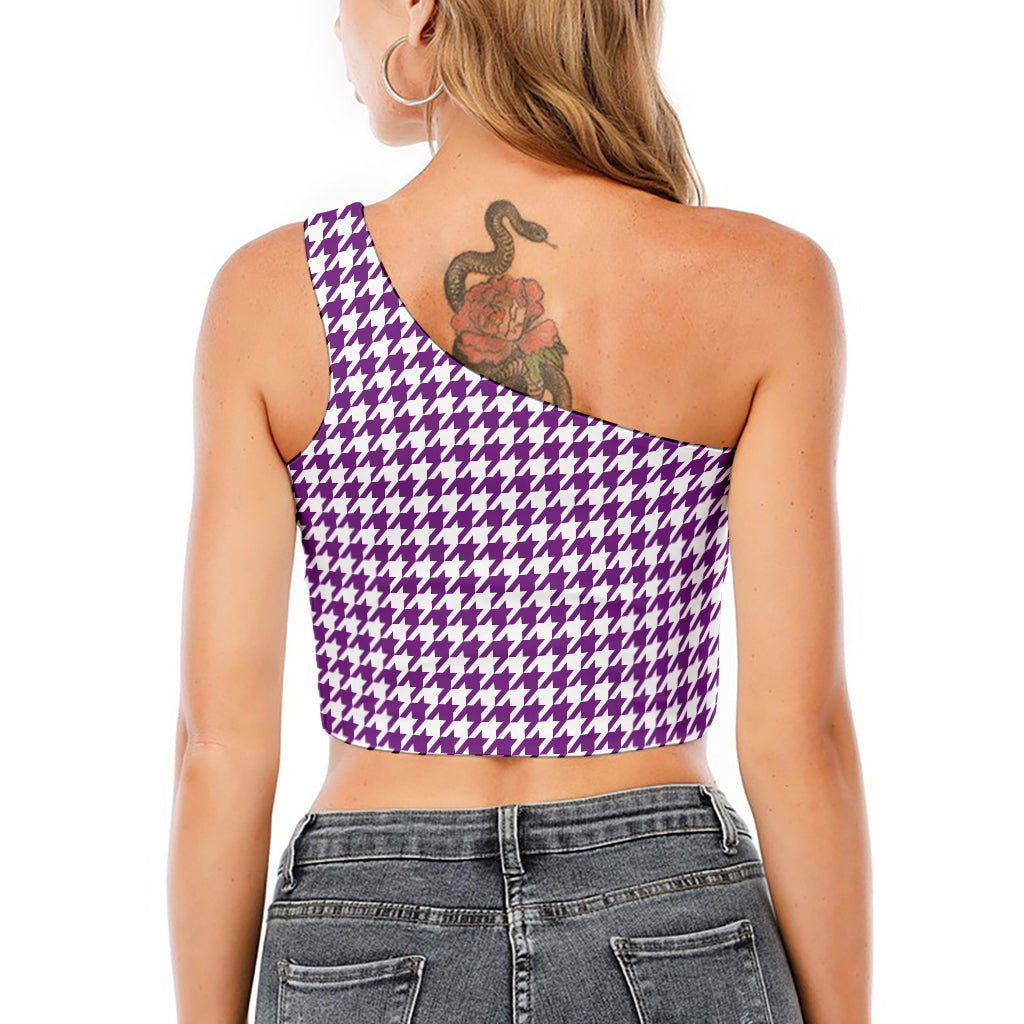 Purple And White Houndstooth Print One Shoulder Crop Top