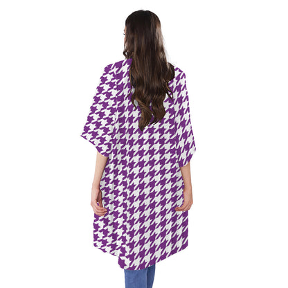 Purple And White Houndstooth Print Open Front Beach Cover Up