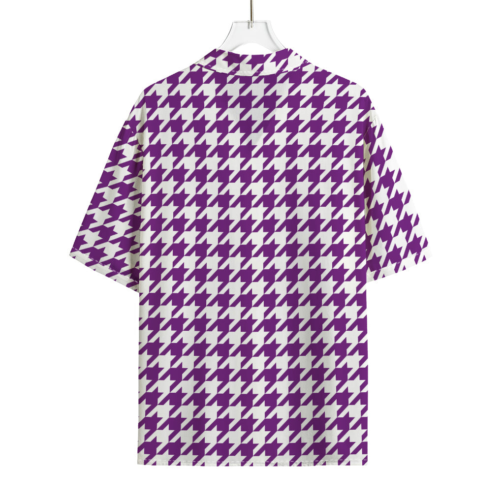 Purple And White Houndstooth Print Rayon Hawaiian Shirt