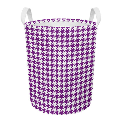 Purple And White Houndstooth Print Round Laundry Basket
