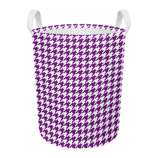 Purple And White Houndstooth Print Round Laundry Basket