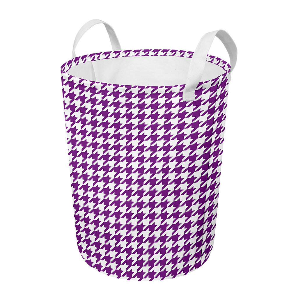 Purple And White Houndstooth Print Round Laundry Basket