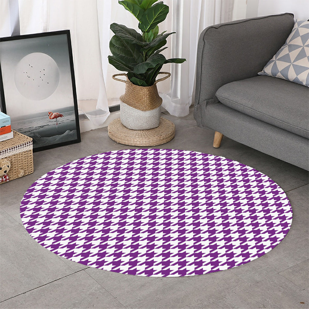 Purple And White Houndstooth Print Round Rug
