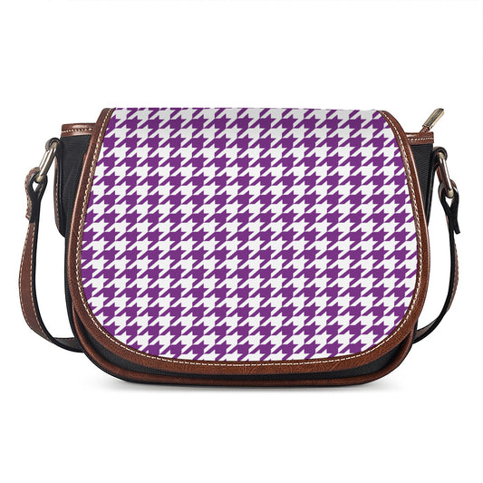 Purple And White Houndstooth Print Saddle Bag