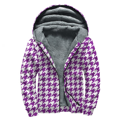 Purple And White Houndstooth Print Sherpa Lined Zip Up Hoodie
