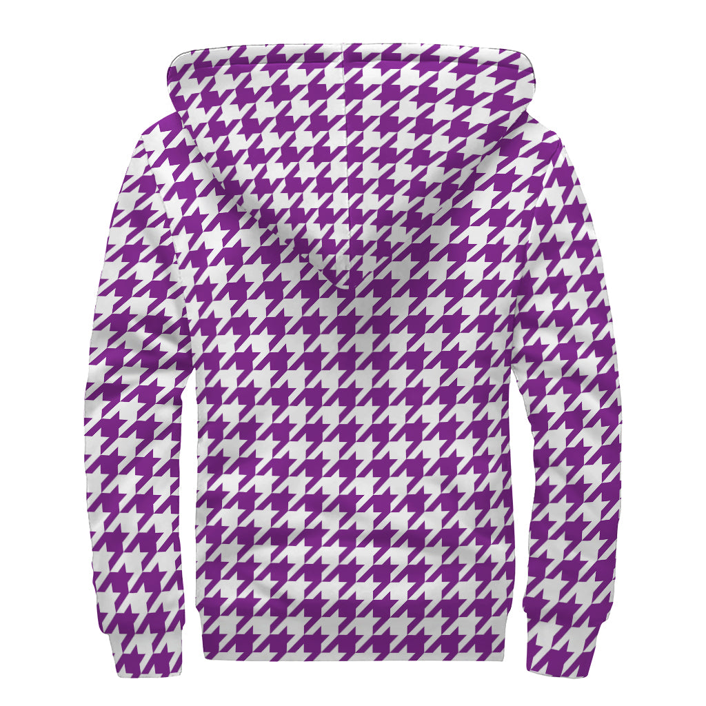 Purple And White Houndstooth Print Sherpa Lined Zip Up Hoodie