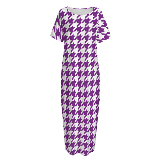 Purple And White Houndstooth Print Short Sleeve Long Nightdress