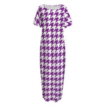 Purple And White Houndstooth Print Short Sleeve Long Nightdress