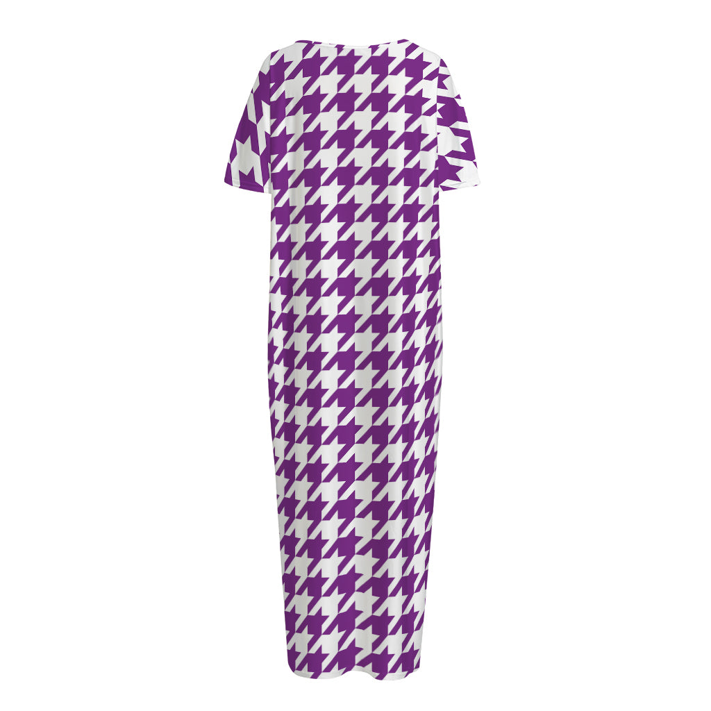 Purple And White Houndstooth Print Short Sleeve Long Nightdress
