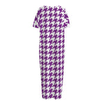 Purple And White Houndstooth Print Short Sleeve Long Nightdress