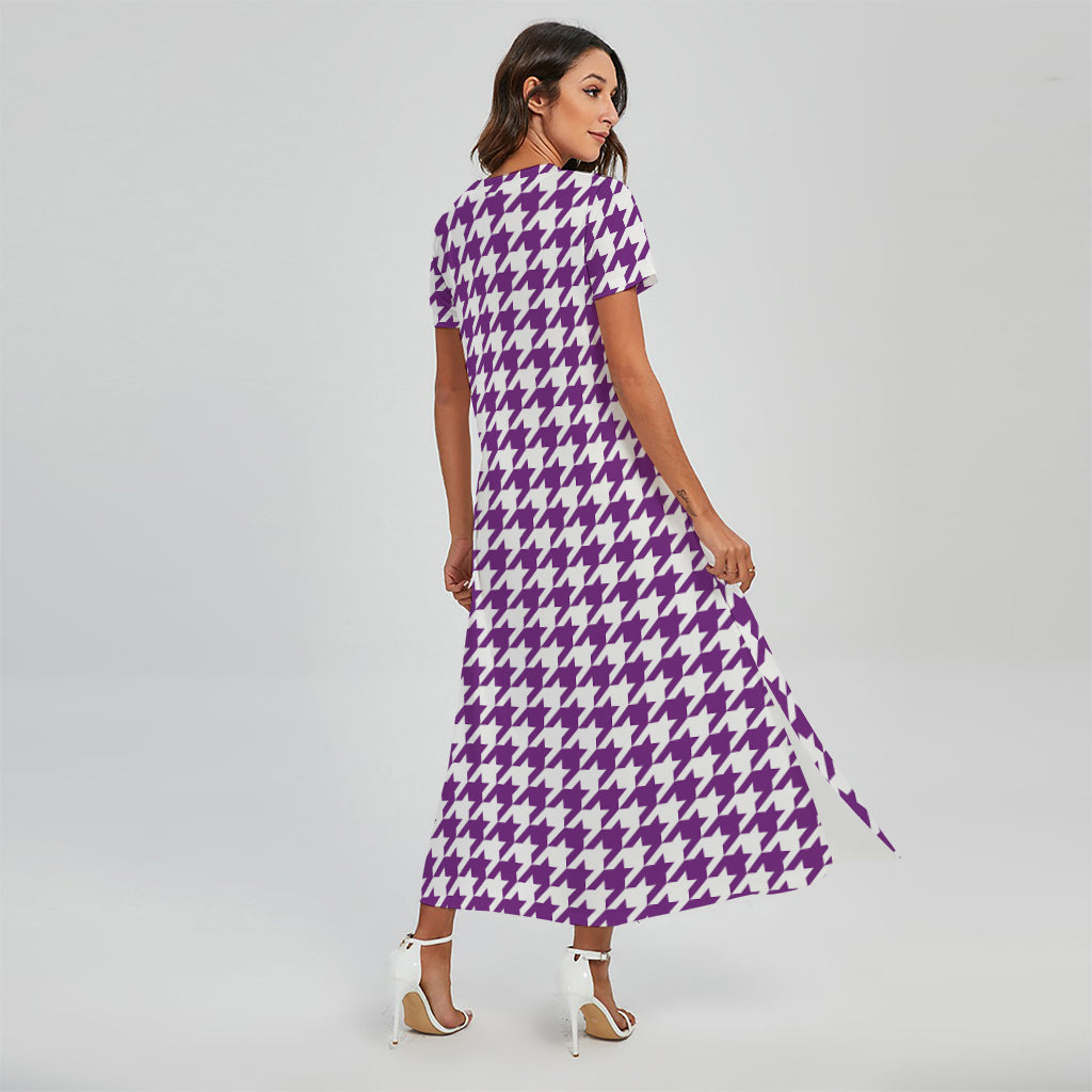 Purple And White Houndstooth Print Short Sleeve Maxi Dress