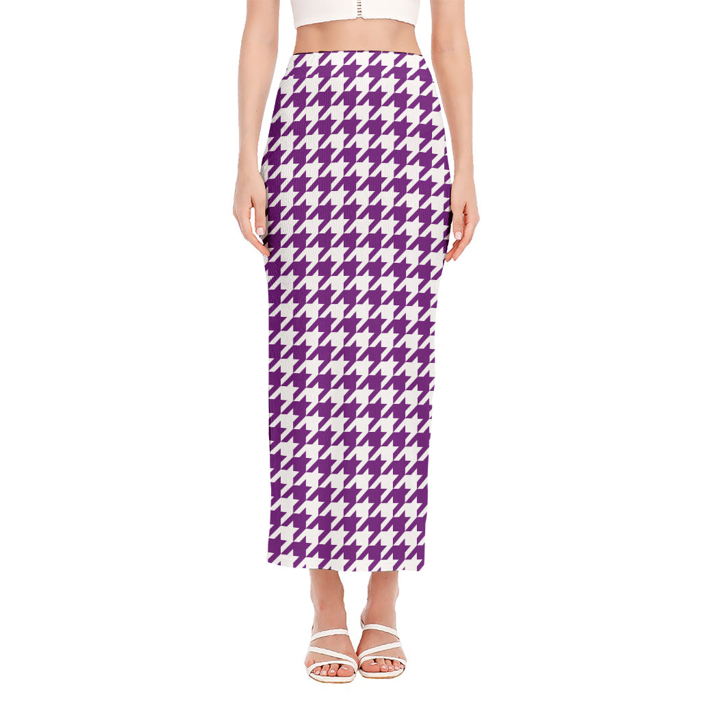 Purple And White Houndstooth Print Side Slit Maxi Skirt