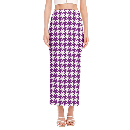 Purple And White Houndstooth Print Side Slit Maxi Skirt