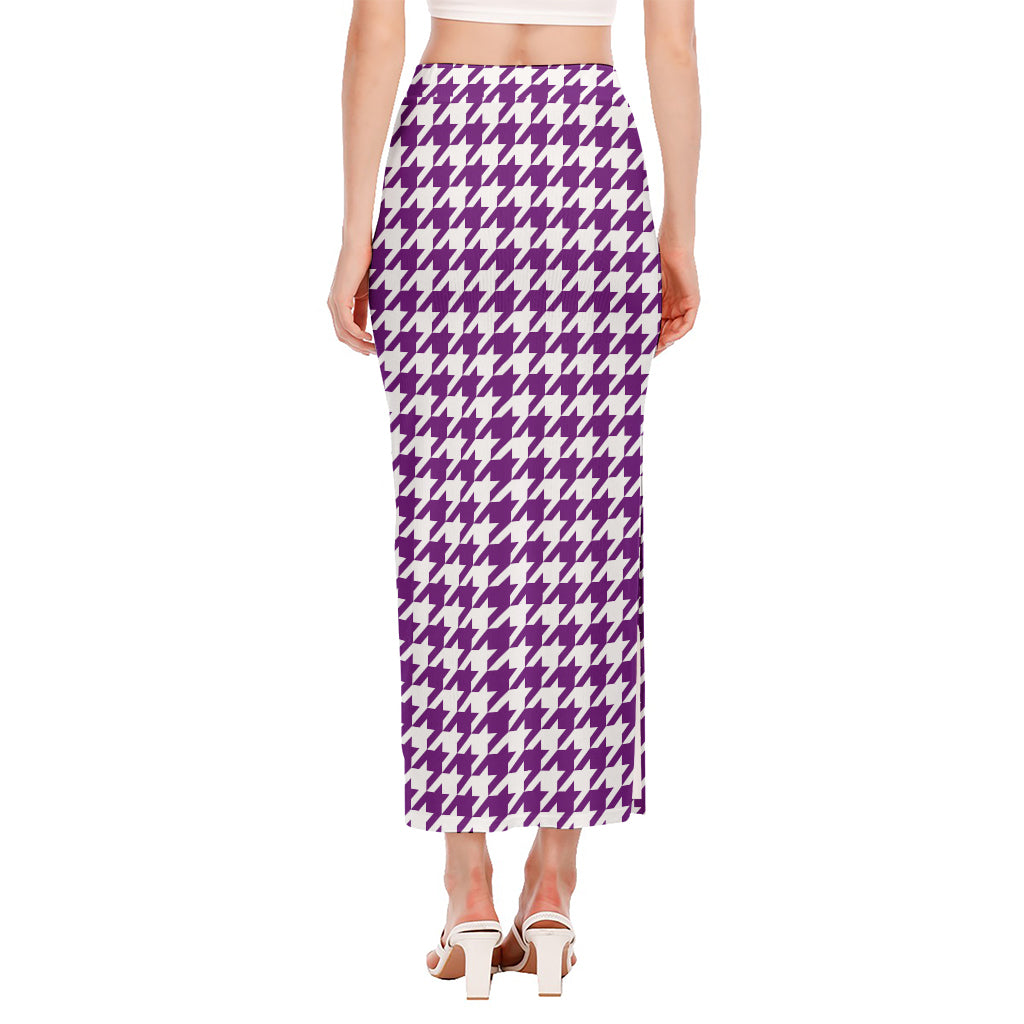 Purple And White Houndstooth Print Side Slit Maxi Skirt