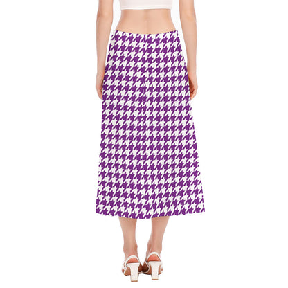 Purple And White Houndstooth Print Side Slit Midi Skirt