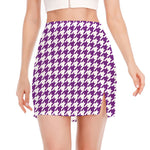 Purple And White Houndstooth Print Side Slit Mini Skirt