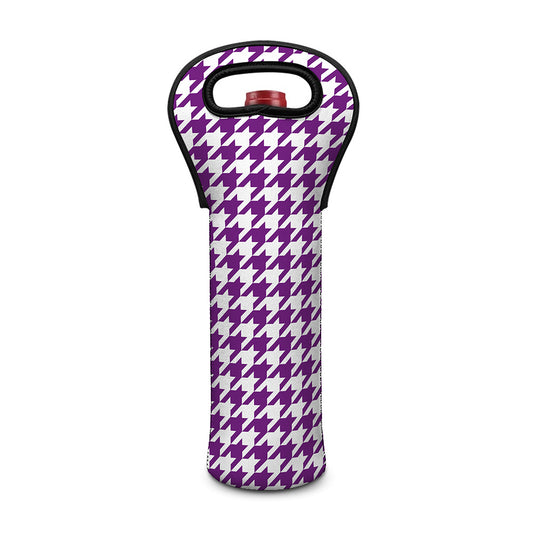 Purple And White Houndstooth Print Single Neoprene Wine Tote