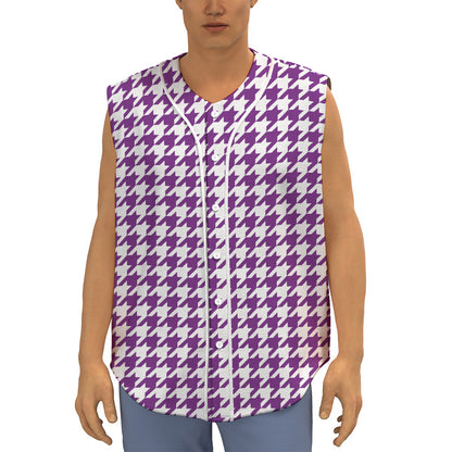 Purple And White Houndstooth Print Sleeveless Baseball Jersey