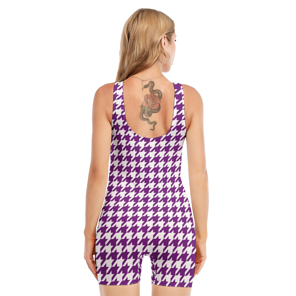 Purple And White Houndstooth Print Sleeveless One Piece Swimsuit