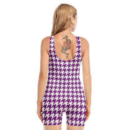 Purple And White Houndstooth Print Sleeveless One Piece Swimsuit