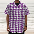 Purple And White Houndstooth Print Textured Short Sleeve Shirt