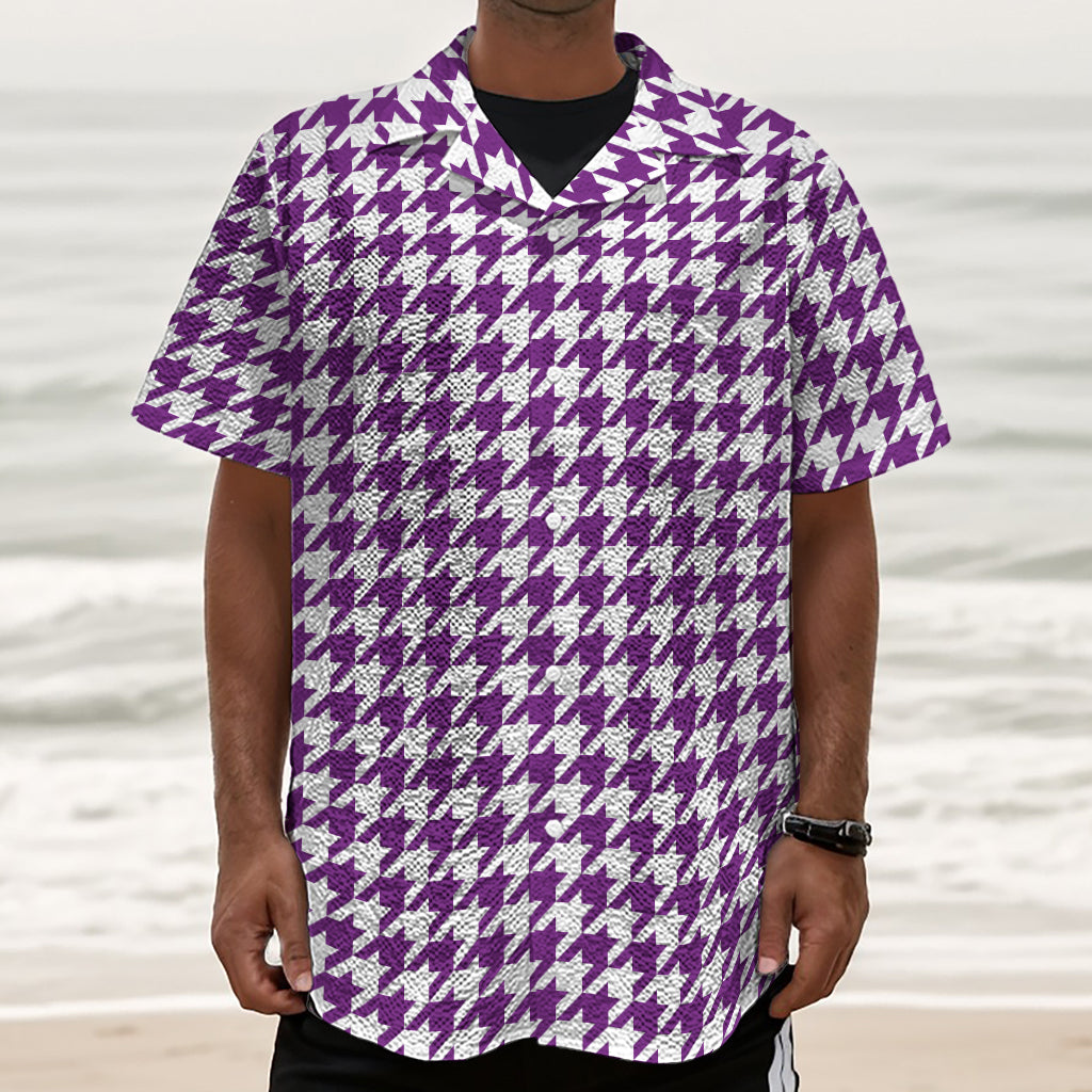 Purple And White Houndstooth Print Textured Short Sleeve Shirt