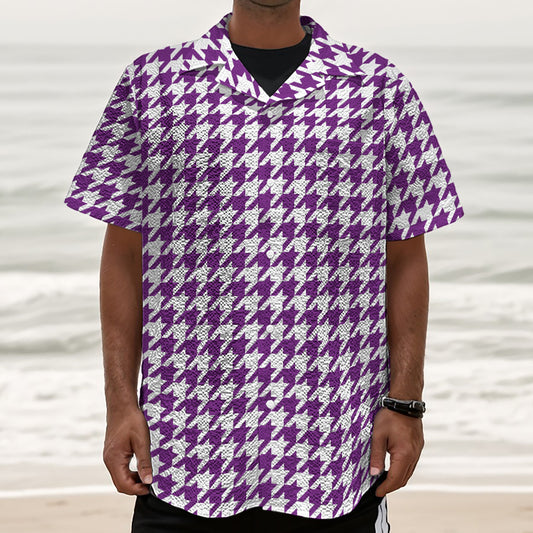 Purple And White Houndstooth Print Textured Short Sleeve Shirt