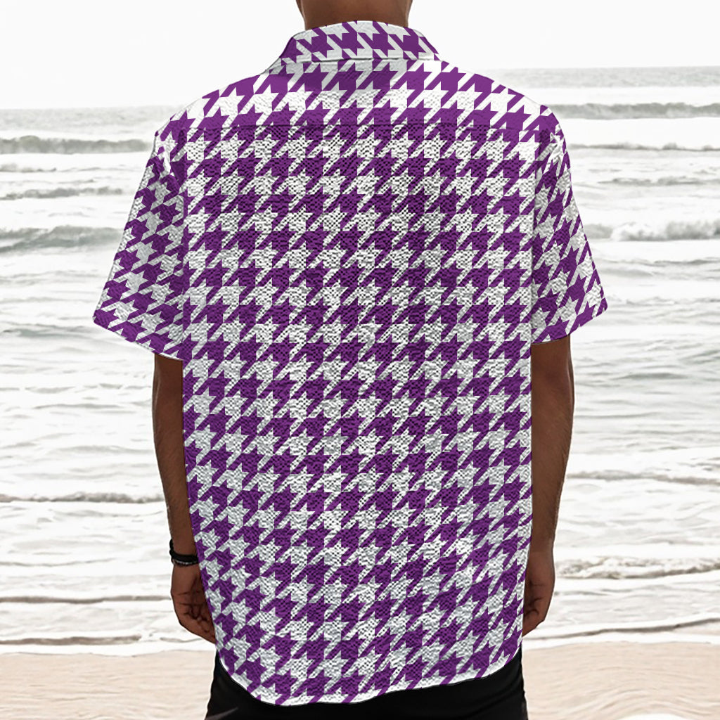 Purple And White Houndstooth Print Textured Short Sleeve Shirt