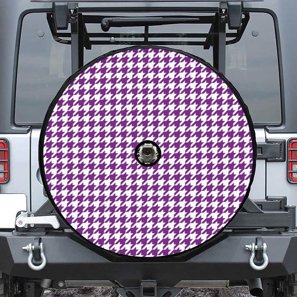 Purple And White Houndstooth Print Tire Cover With Camera Hole