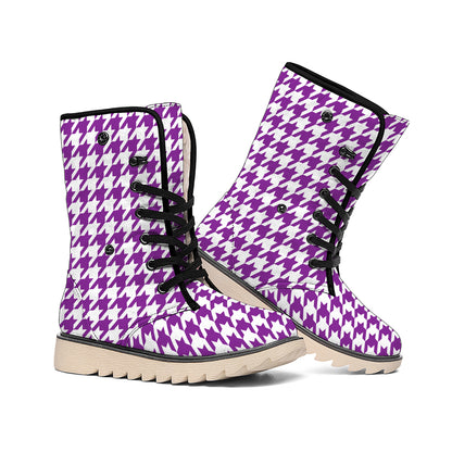 Purple And White Houndstooth Print Winter Boots