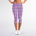 Purple And White Houndstooth Print Women's Capri Leggings