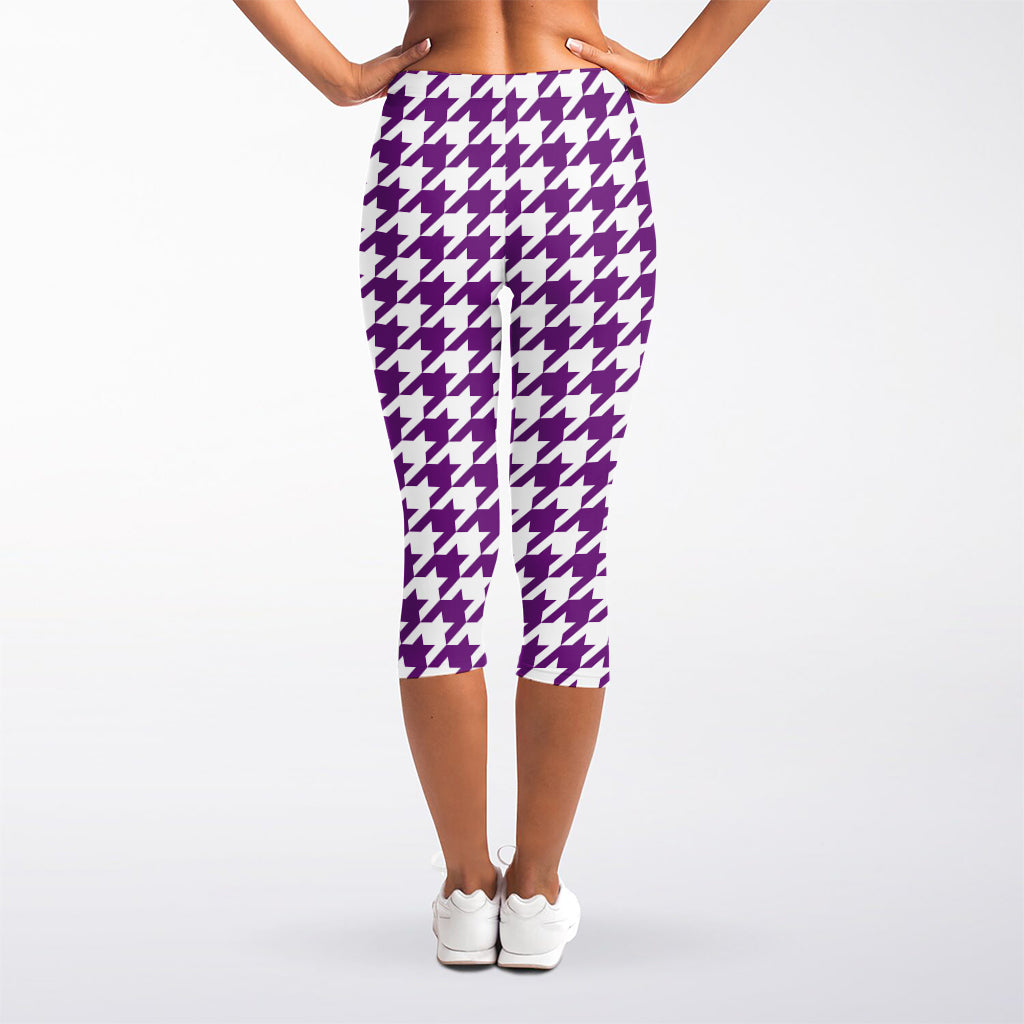Purple And White Houndstooth Print Women's Capri Leggings