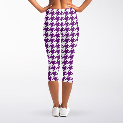 Purple And White Houndstooth Print Women's Capri Leggings