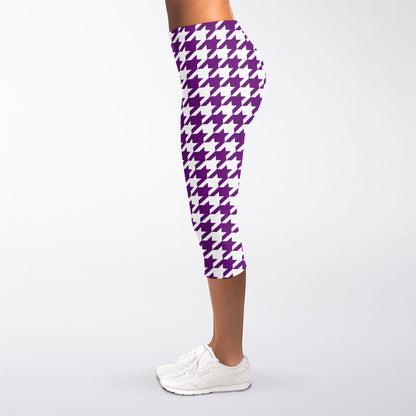 Purple And White Houndstooth Print Women's Capri Leggings