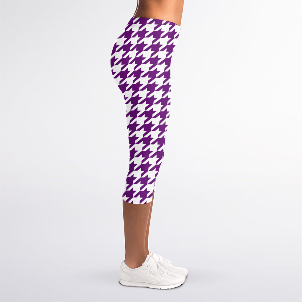 Purple And White Houndstooth Print Women's Capri Leggings