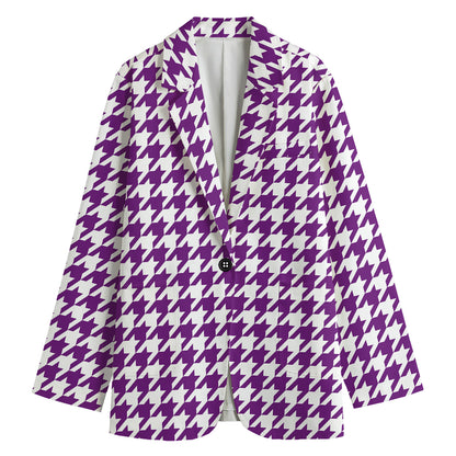 Purple And White Houndstooth Print Women's Cotton Blazer