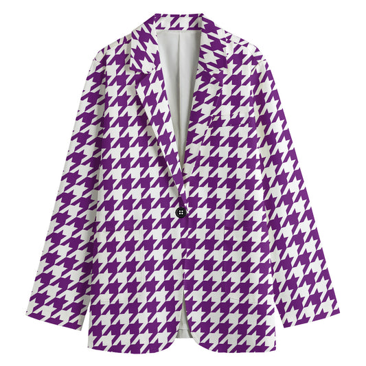 Purple And White Houndstooth Print Women's Cotton Blazer