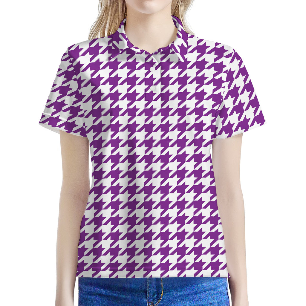 Purple And White Houndstooth Print Women's Polo Shirt