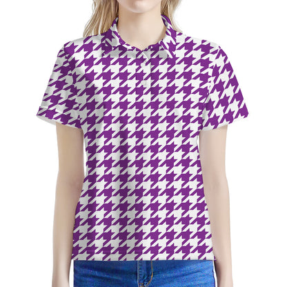 Purple And White Houndstooth Print Women's Polo Shirt