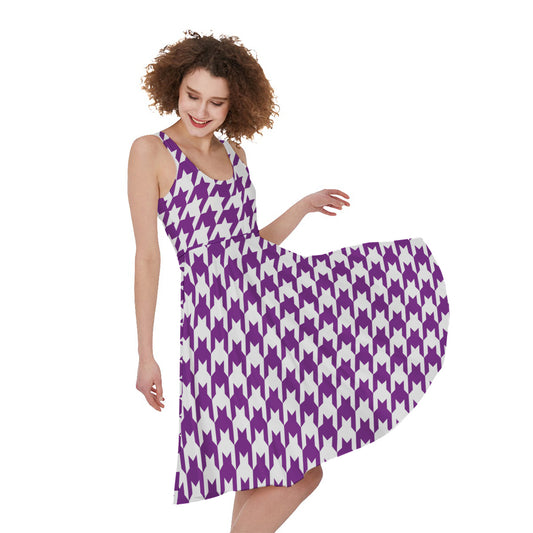 Purple And White Houndstooth Print Women's Sleeveless Dress