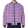 Purple And White Houndstooth Print Zip Sleeve Bomber Jacket