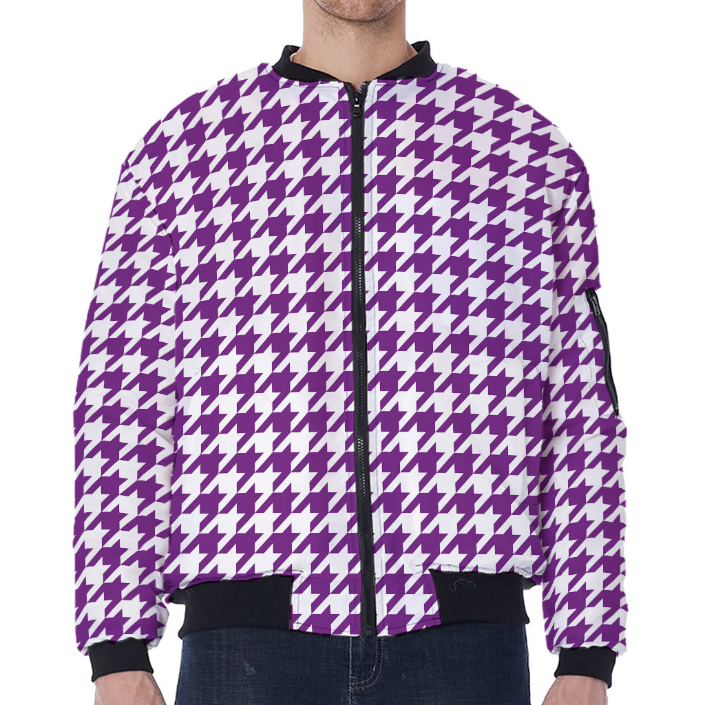Purple And White Houndstooth Print Zip Sleeve Bomber Jacket