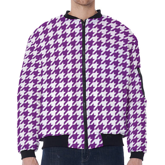 Purple And White Houndstooth Print Zip Sleeve Bomber Jacket
