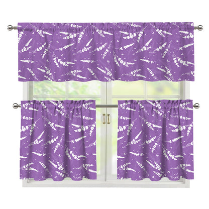 Purple And White Lavender Pattern Print 3 Piece Kitchen Curtains